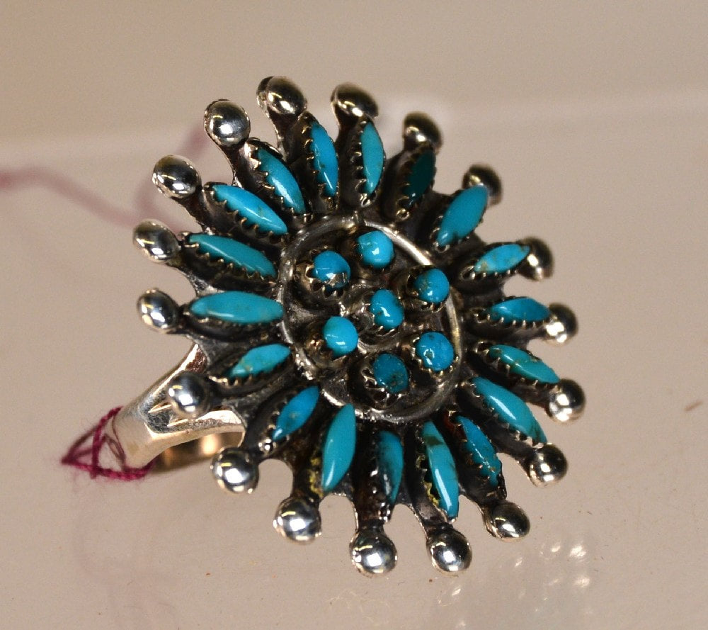 Zuni Needlepoint Cluster Turquoise Ring Size 7