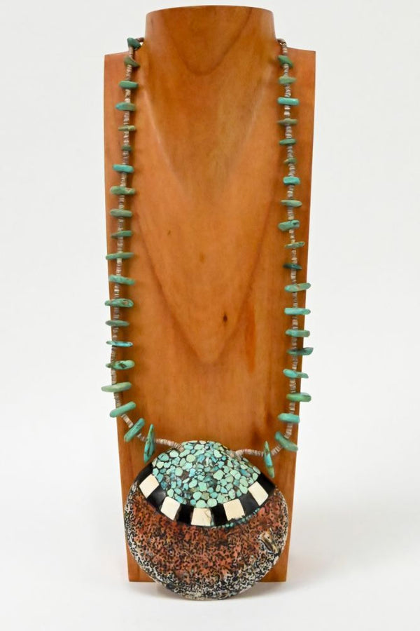 Large Santo Domingo Inlaid Shell with Turquoise Tab and Heishi Necklace